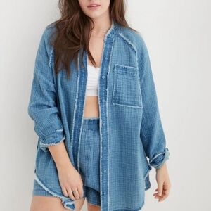 Aerie Gauze Coverup Shirt Washed Denim Blue Small Button Down Frayed